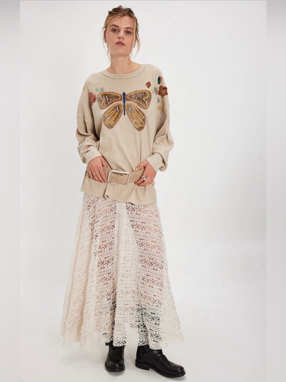 Free People Butterfly Embroidered Crewneck Sweater in Beige